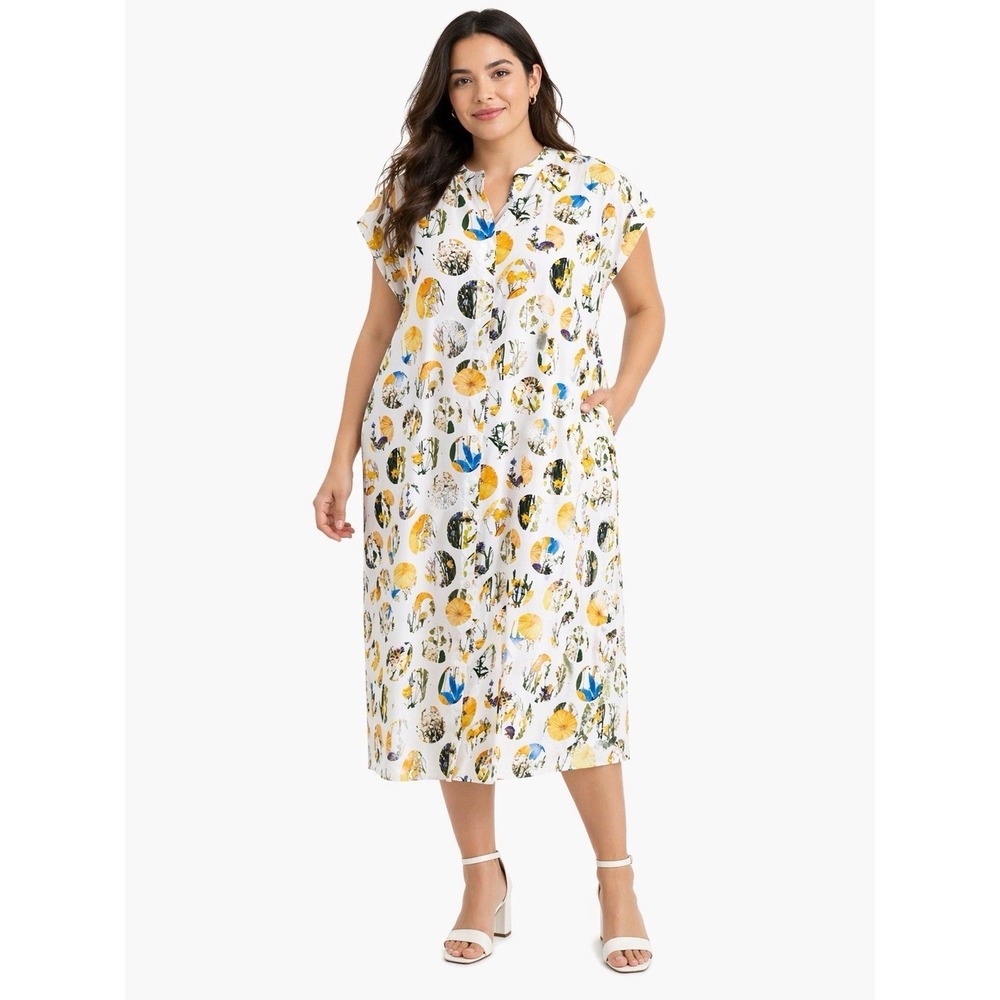 Graniph L Botanical Print Shirt Dress White Button Front Artsy Midi